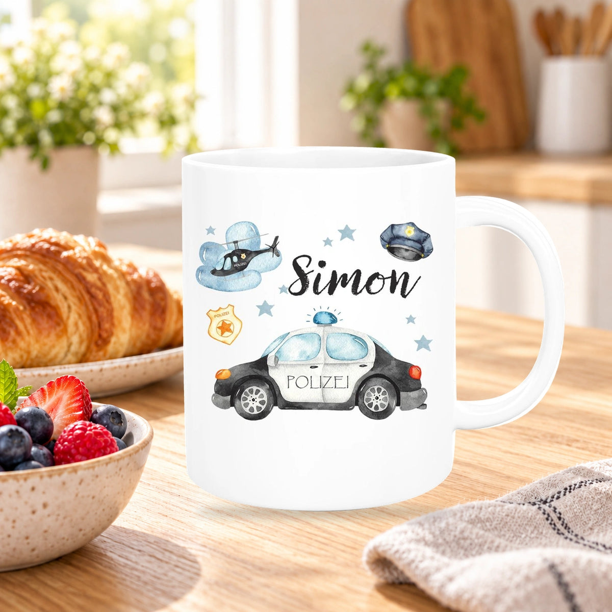 Tasse Polizei 3 Wunschname Keramik Kinderbecher personalisiert versch. Farben