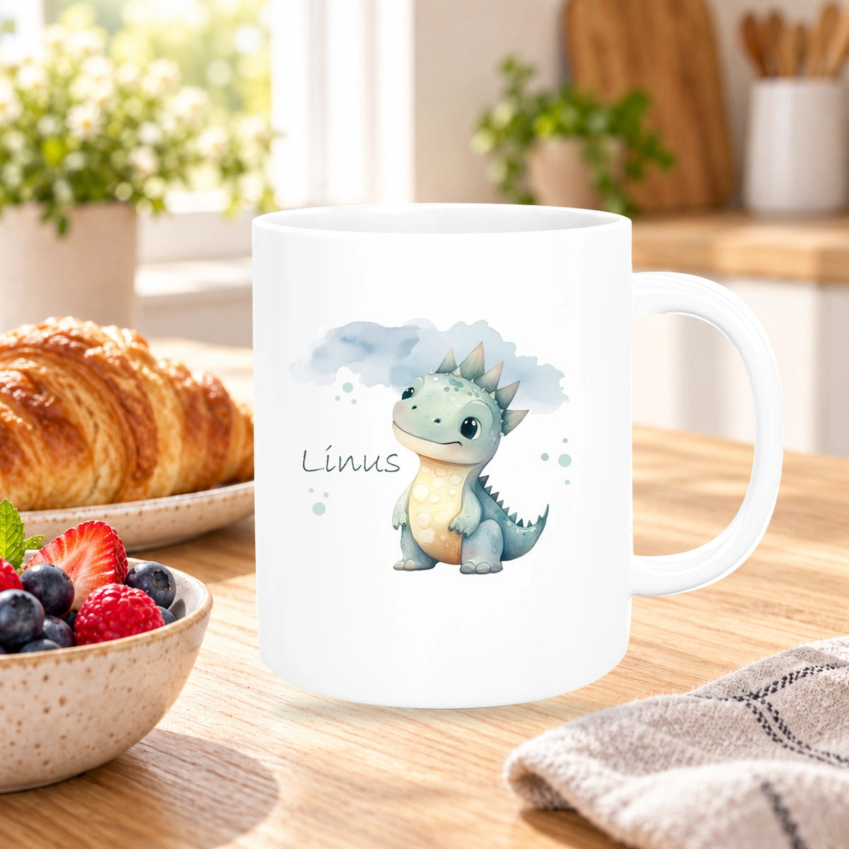MUCKKI-PRO:6462961f85348817d0e9e72b3896e580e10fbd628d1f3cb73b250b0252cb0635:Tasse Dino 15 Wunschname Keramik Kinderbecher Personalisiert versch. Farben