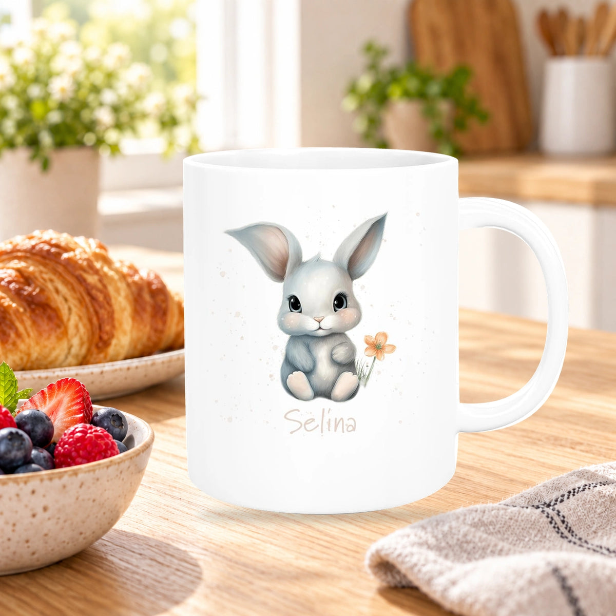 MUCKKI-PRO:5fa8783c0a4a26e22bafbc0bcb8a014f389a240398b33944999589517ec93fd3:Tasse Ostern - Hase 2 Wunschnamen Keramik personalisiert versch. Farben