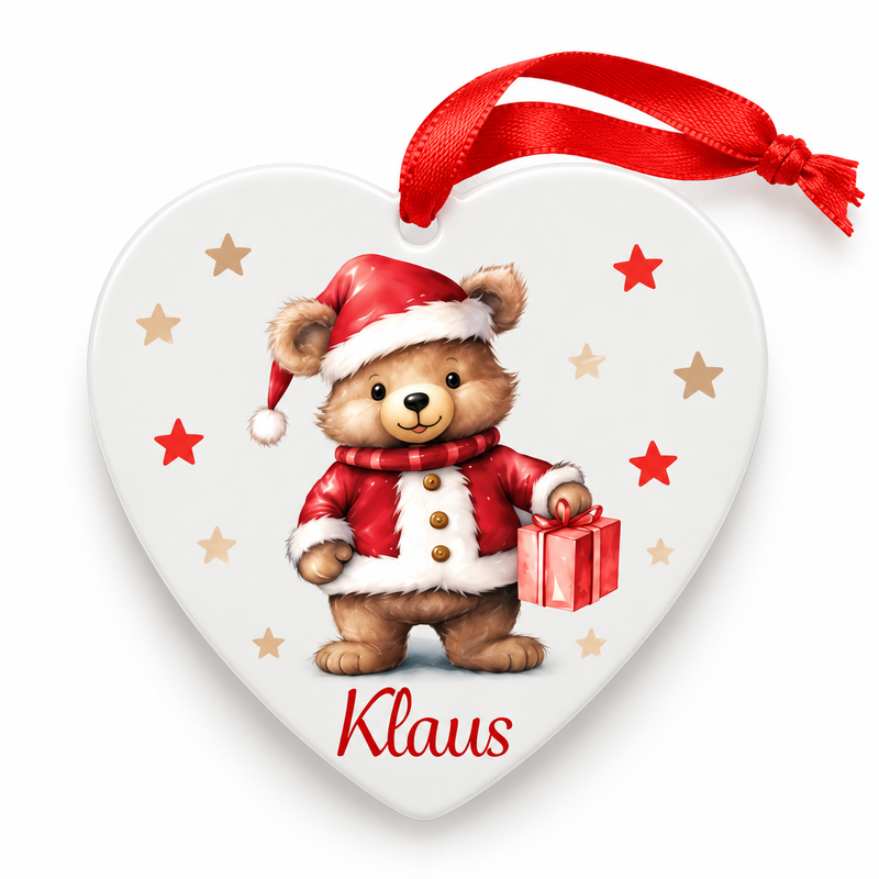 Weihnachtsanhänger personalisiert Teddy Sterne mit 1 Namen – Rund, Stern, Herz oder Glocke