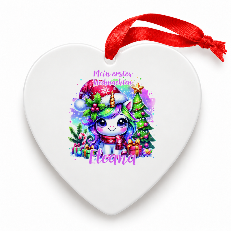 Weihnachtsanhänger personalisiert Einhorn 2 – mein erstes Weihnachten mit Wunschnamen – Rund, Stern, Herz oder Glocke