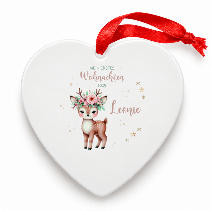 Weihnachtsanhänger personalisiert Reh – mein erstes Weihnachten mit Wunschnamen – Rund, Stern, Herz oder Glocke