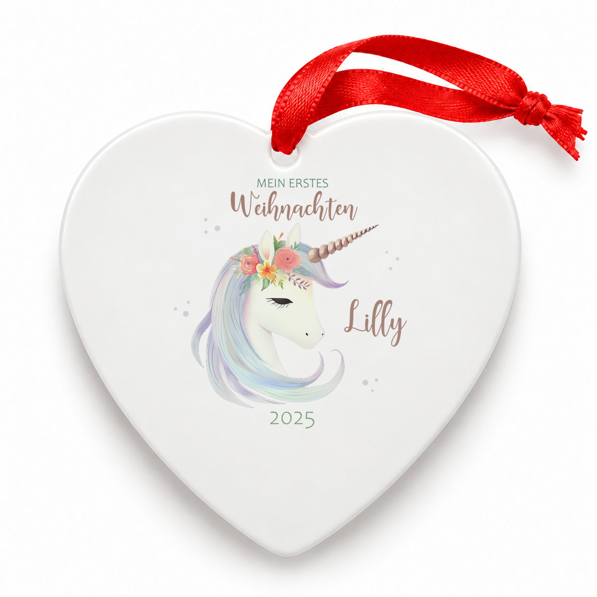Weihnachtsanhänger personalisiert Einhorn 1 – mein erstes Weihnachten mit Wunschnamen – Rund, Stern, Herz oder Glocke
