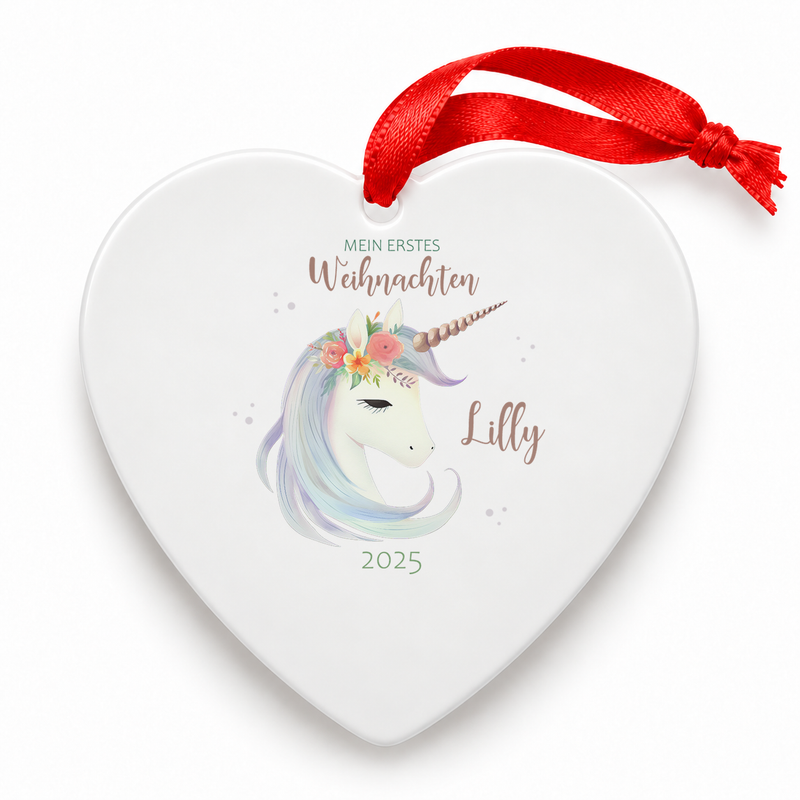 Weihnachtsanhänger personalisiert Einhorn 1 – mein erstes Weihnachten mit Wunschnamen – Rund, Stern, Herz oder Glocke