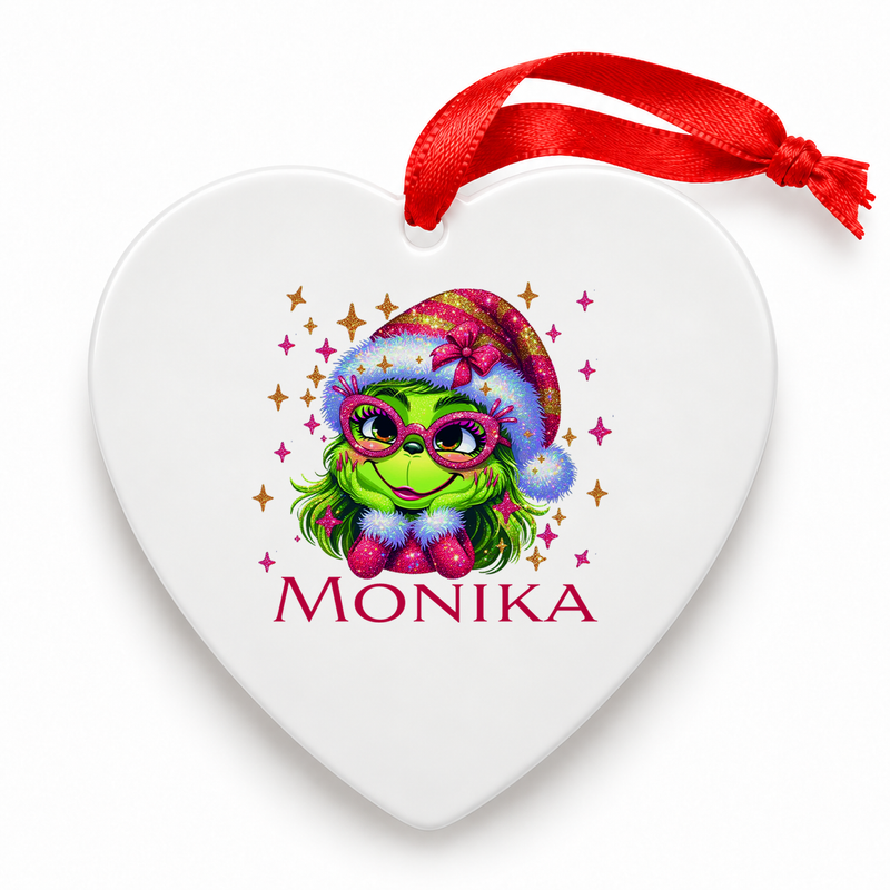 Weihnachtsanhänger personalisiert Lady-Grinch 1 mit Wunschnamen – Rund, Stern, Herz oder Glocke