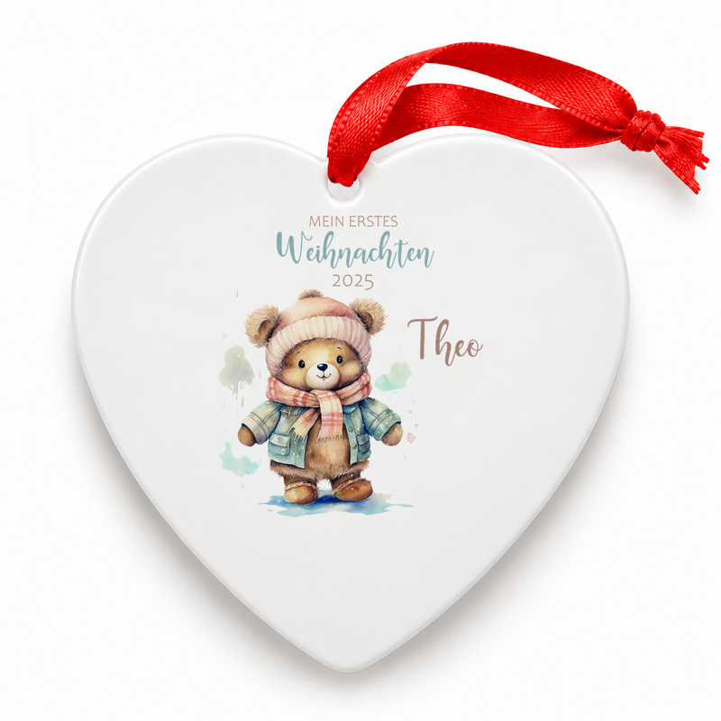 Weihnachtsanhänger personalisiert Teddy – mein erstes Weihnachten mit Wunschnamen – Rund, Stern, Herz oder Glocke