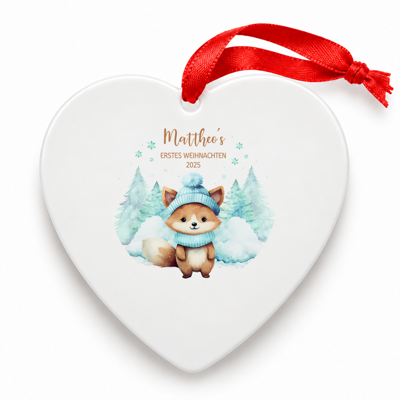 Weihnachtsanhänger personalisiert Fuchs – mein erstes Weihnachten mit Wunschnamen – Rund, Stern, Herz oder Glocke