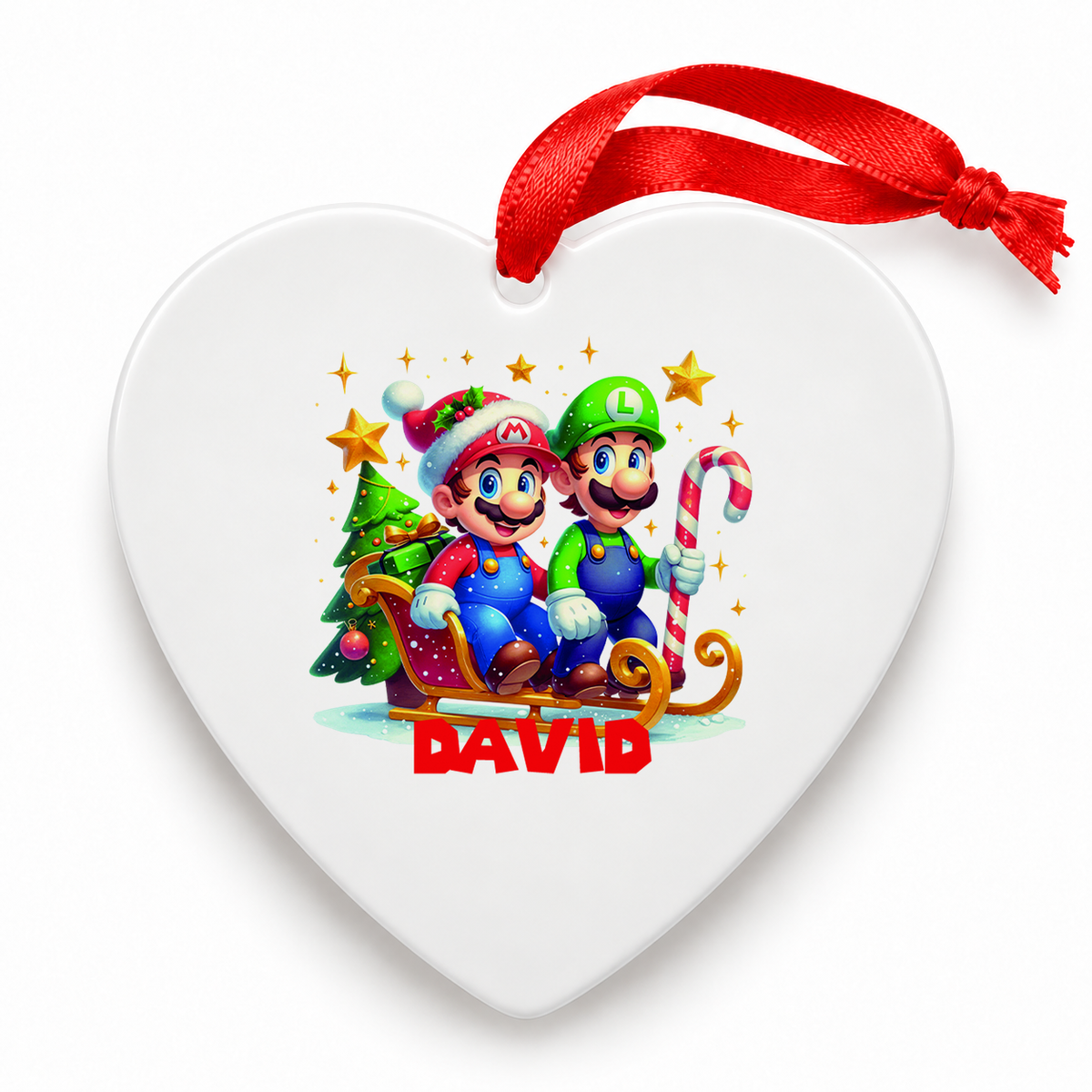 Weihnachtsanhänger personalisiert Super Mario mit Wunschnamen – Rund, Stern, Herz oder Glocke