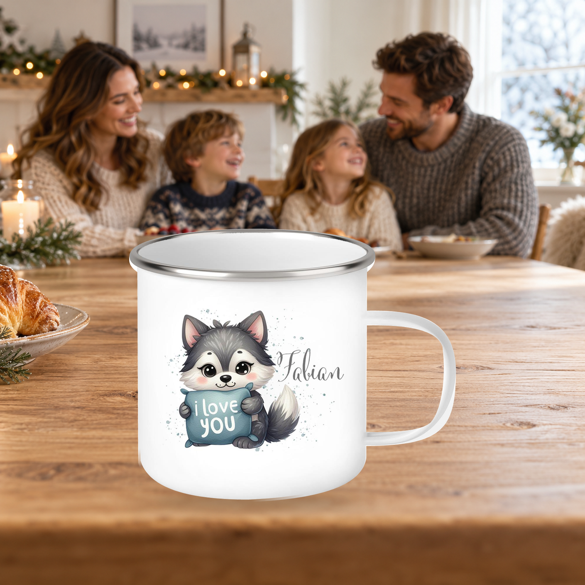 MUCKKI-PRO:9512b8b05fe7a997a2ac85f6774054cf7335b385a9271209d9bf15baf556c28d:Tasse Liebe - Fuchs Valentinstag Wunschnamen Emaille personalisiert