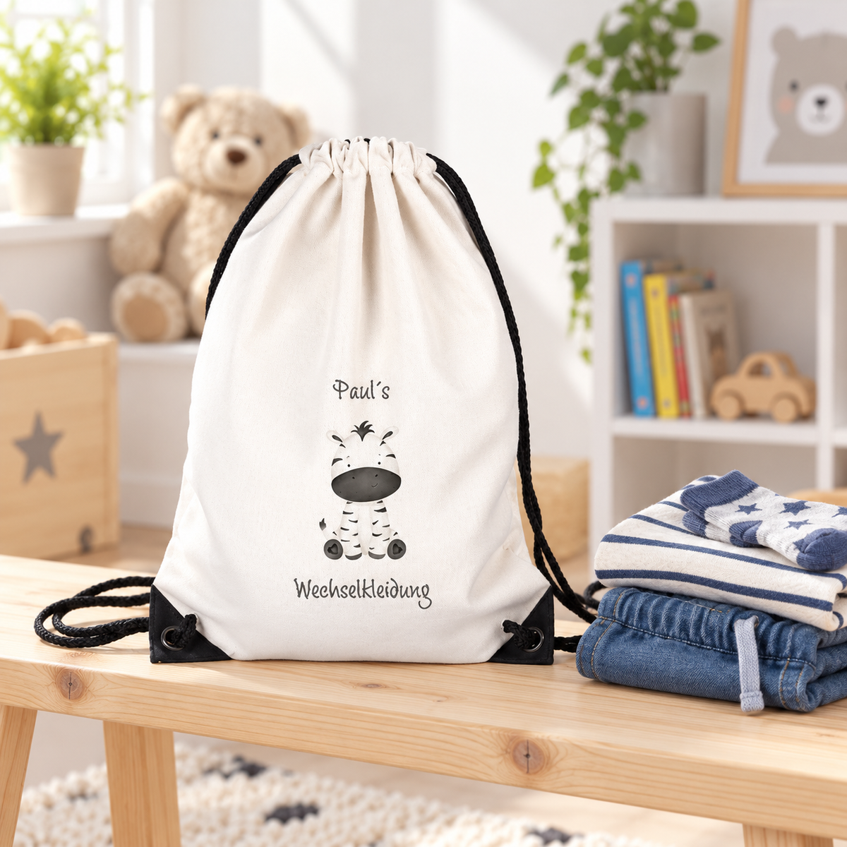 MUCKKI-PRO:c0b70625d5ea853d418538e7885536722209836bba18cdc40b92280161706e78:Turnbeutel für Kinder Wechselkleidung-Zebra 1  Personalisiert mit Namen inkl. schwarzem Kordelzugband