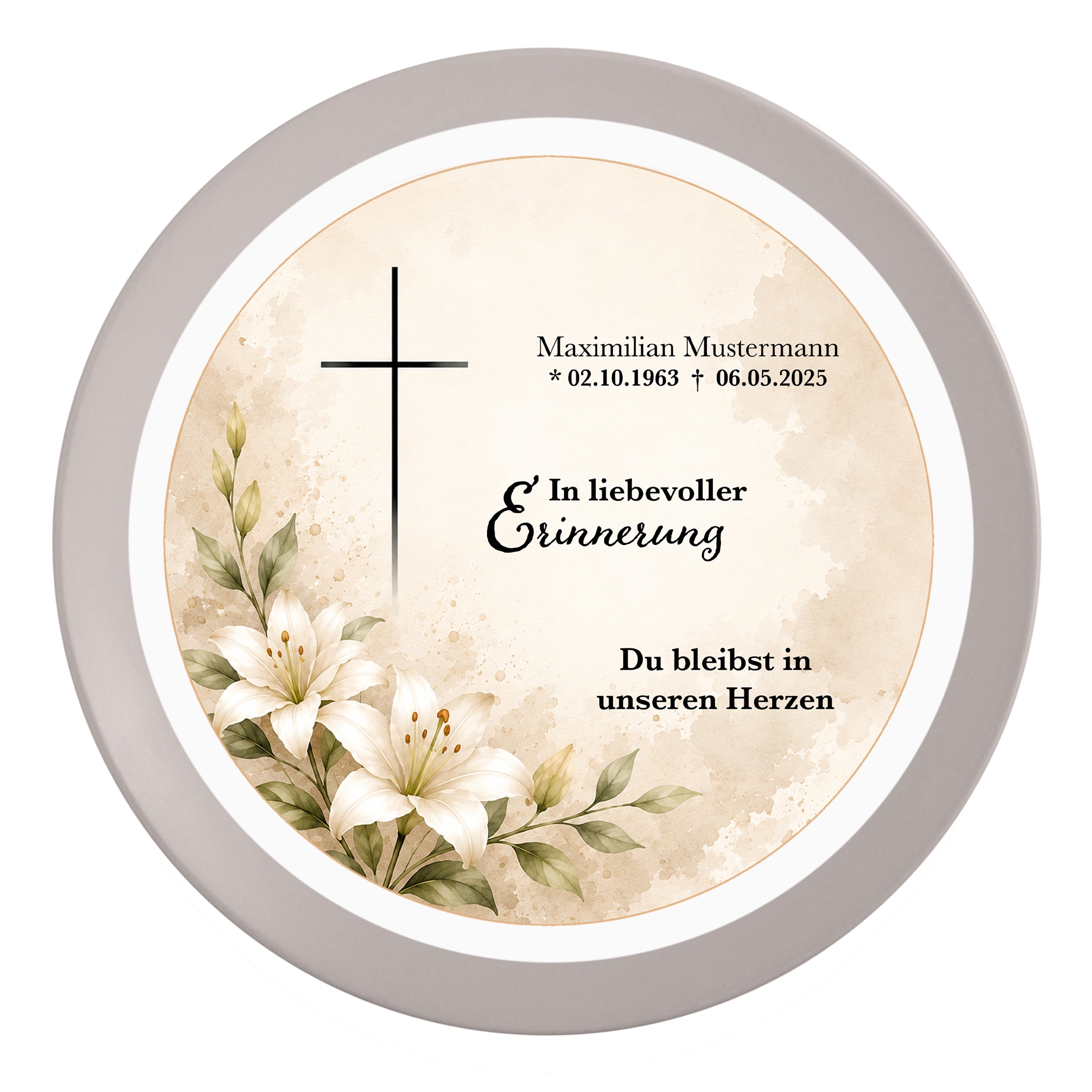 Tortenaufleger Beerdigung & Trauerfeier Blüten 01 – personalisiert mit Name & Sterbedatum 20cm Fondantpapier