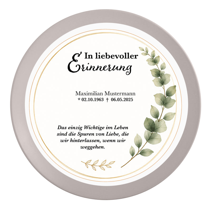 Tortenaufleger Beerdigung & Trauerfeier Eukalyptus 01 – personalisiert mit Name & Datum Fondantpapier 20cm