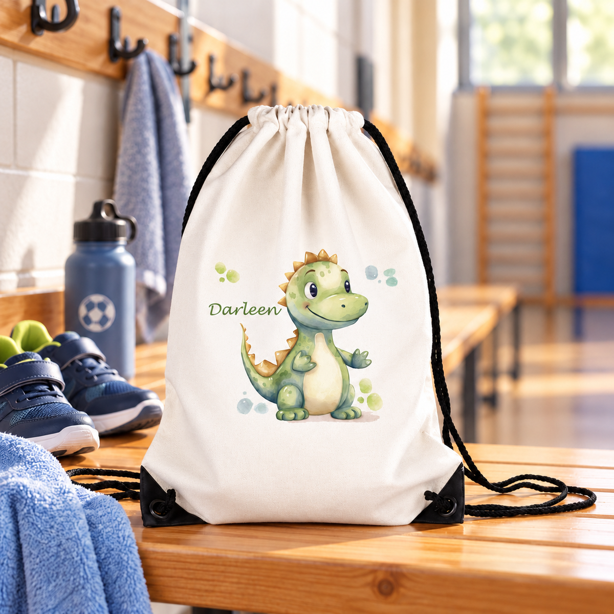MUCKKI-PRO:41a37ab8ef80e854a48a2cd359b674c0715009827665bee6f8b78ade05d86dd3:Turnbeutel Dino 1 mit Wunschname personalisiert