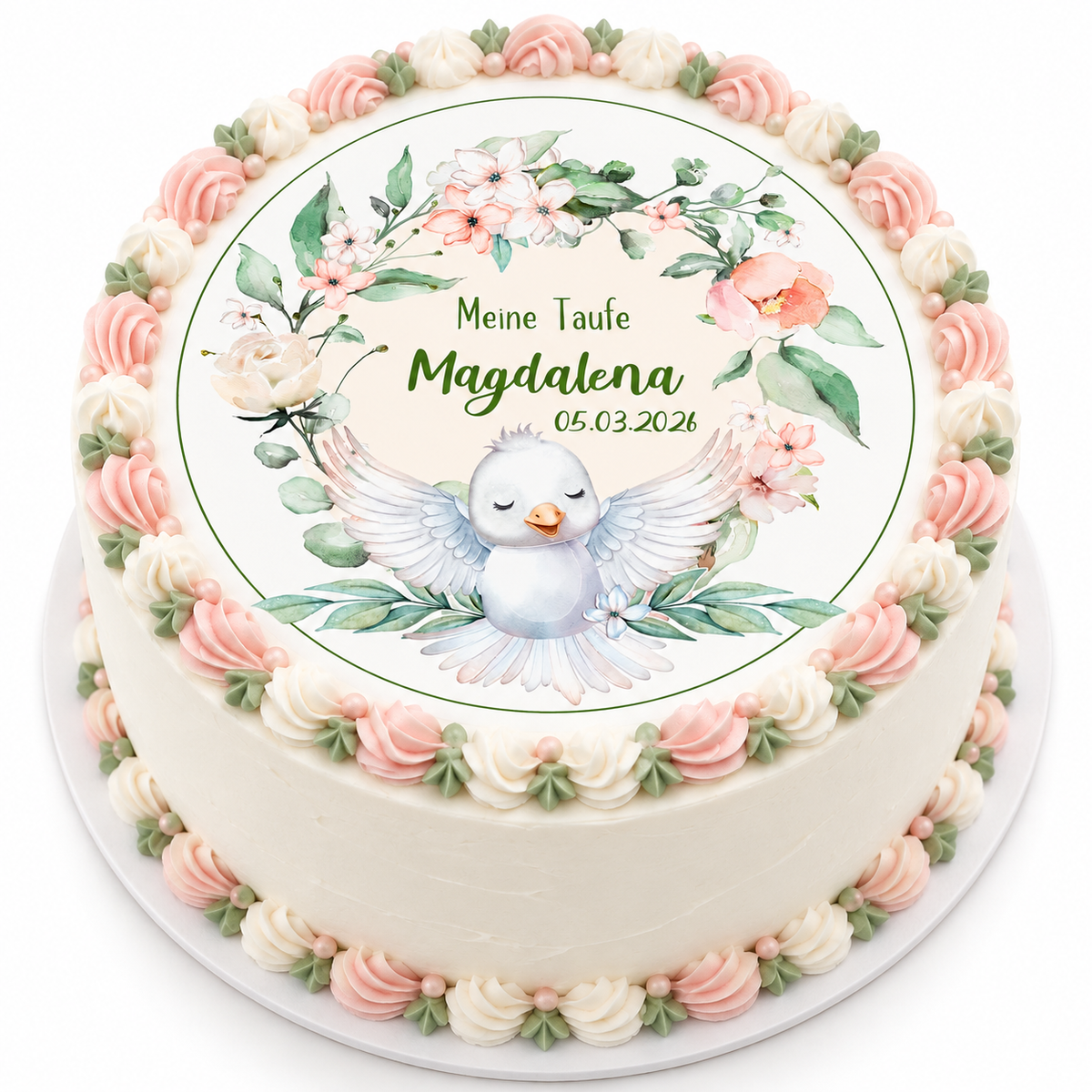 MUCKKI-PRO:81413fca64771a963298f1195711a4c96f118fc10bb0f4a92ef4f83240c62702:Tortenaufleger Taufe Vogel 1 Name & Datum (20cm)