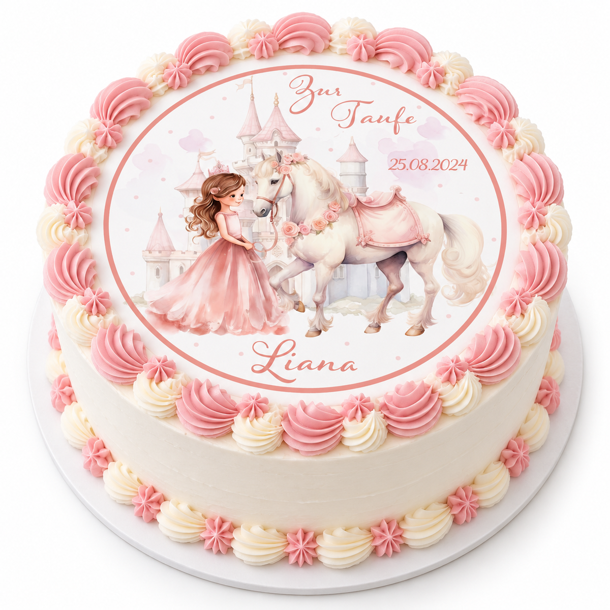 MUCKKI-PRO:3ed7fa262eabb706730efb8962aff883fa158556f324a6c51474a3c589925c5c:Tortenaufleger Taufe Prinzessin 2 Name & Datum (20cm)