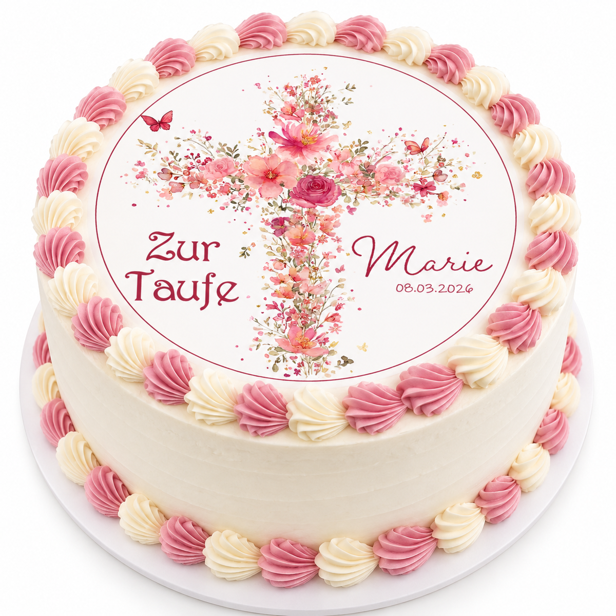 MUCKKI-PRO:672f74018cdab942e5a4b4a5d9894b92f1b8e5d21129aedbc1a9e8f4792cb687:Tortenaufleger Taufe Kreuz 2 Name & Datum (20cm)