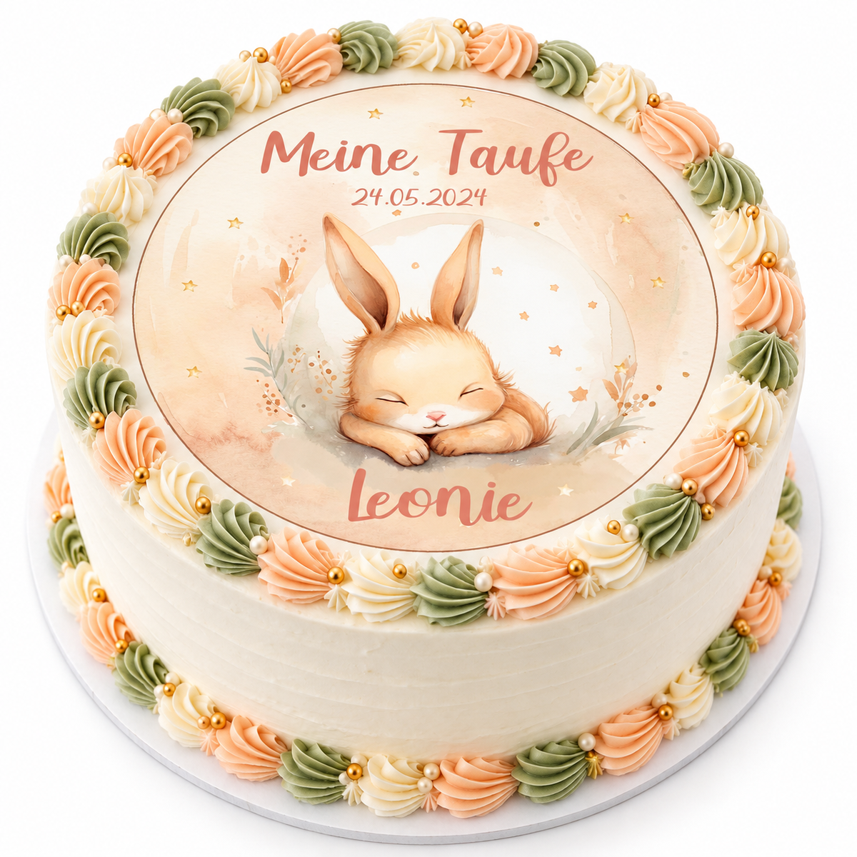 MUCKKI-PRO:02197ab3c86f289a510afabe110fe04156b20bf8b041192534e77c15b284dbb7:Tortenaufleger Taufe Hase 2 Name & Datum (20cm)