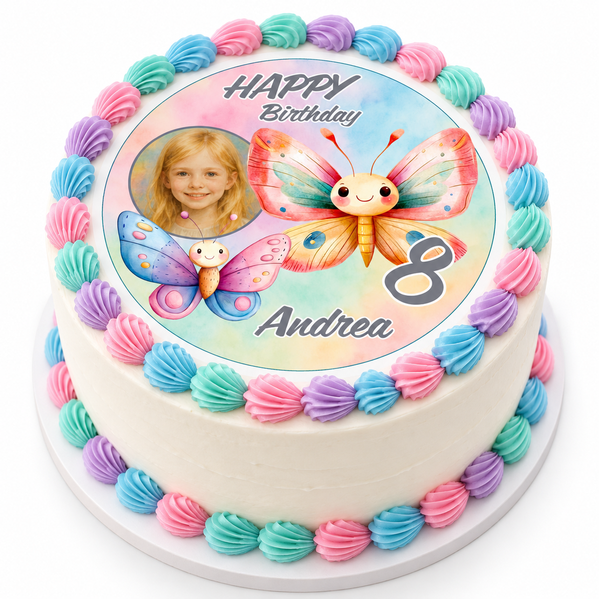 MUCKKI-PRO:c3af85d898de9895c9d4ec70a6dbe7263a5faef62e2dfe2b7430bea4743788d0:Tortenaufleger Geburtstag Schmetterling 3 mit Bild Name & Zahl (20cm) Fondant Papier