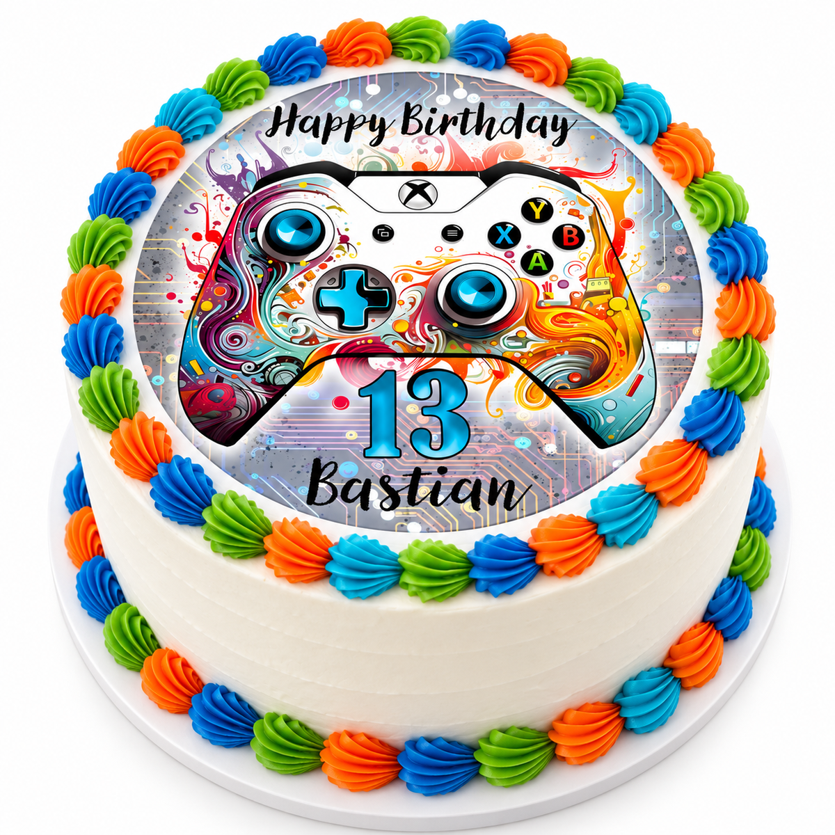 MUCKKI-PRO:2e5fbd83789a615b50579c9e9727a479d39b75261fcaa29702ac7e1c5bce60fe:Tortenaufleger Geburtstag Gamer Controller Personalisiert 2 Name & Zahl (20cm)