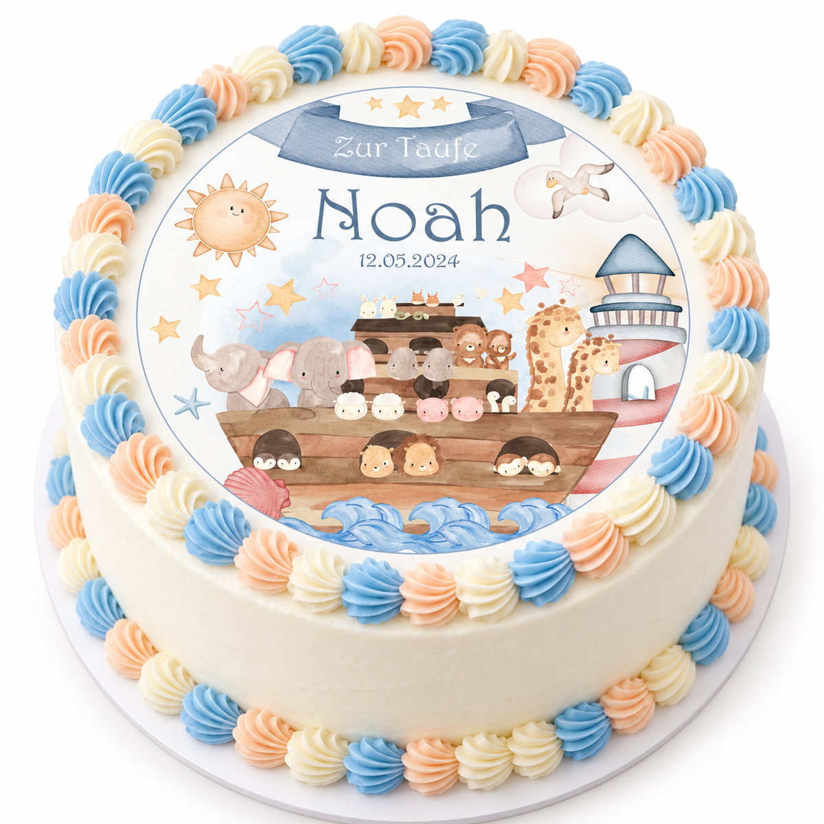 MUCKKI-PRO:1b5561525760fc78343b44fedb0e3b6193040336bc3ea7dcde956c7a5192f173:Tortenaufleger Taufe Arche-Noah  1 Name & Datum (20cm)