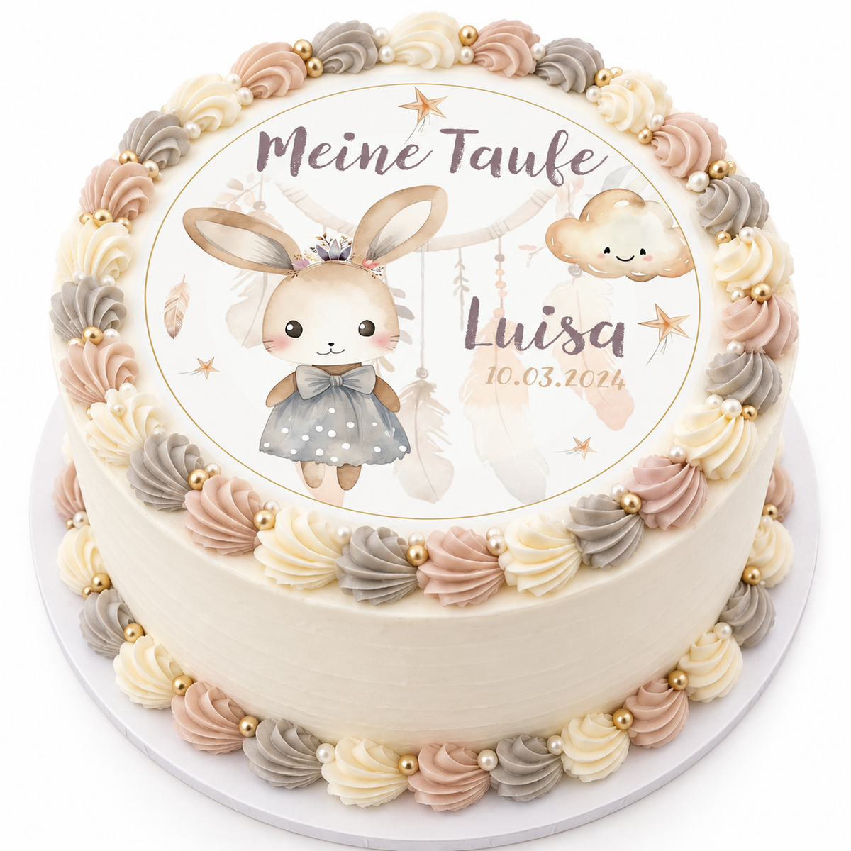 MUCKKI-PRO:acf043dd05f87c8b70b0a18c307023984d802988dc74acfaad7d12eae79767b4:Tortenaufleger Taufe Hase 1 Name & Datum (20cm)