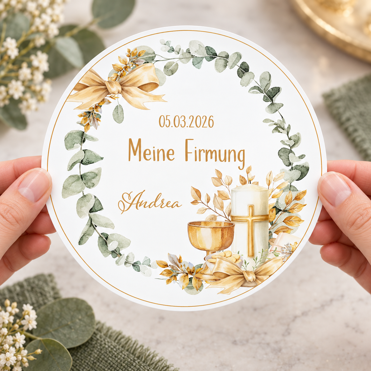 MUCKKI-PRO:d0bcb3c0d753fbcad0b8a9206f3f22cd26bcba8a30a1b2f67bf8ee049cbd6910:Tortenaufleger Firmung Eukalyptus 2 Name & Datum (20cm)