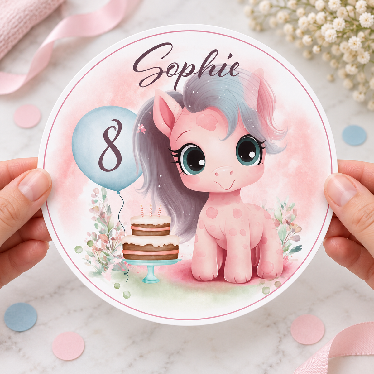 MUCKKI-PRO:84b2fb6feb8ec5a3f046eb20cb90297644e1f010805e95738fd95fe6063af85a:Tortenaufleger Geburtstag Pferd Pony 2 Name & Zahl (20cm)