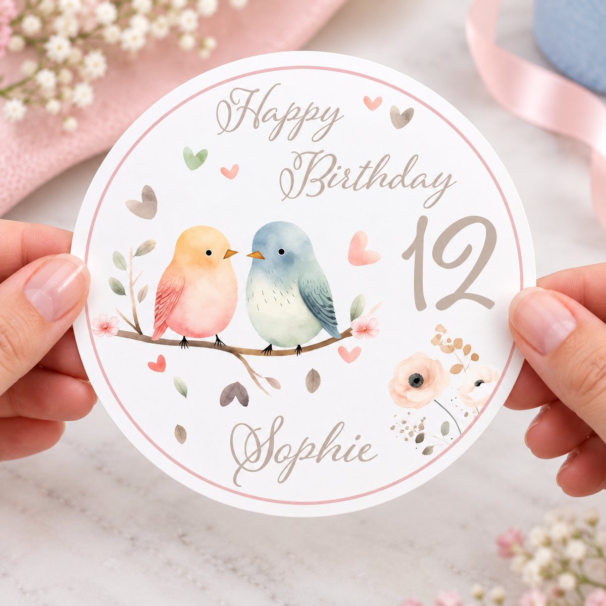 MUCKKI-PRO:942d0dfb8712ac7300734b63095c7cd4df0382ece7a63f00e140446cd88cc3f8:Tortenaufleger Geburtstag Vögel 1 Personalisiert Name & Zahl (20cm) Fondant Papier