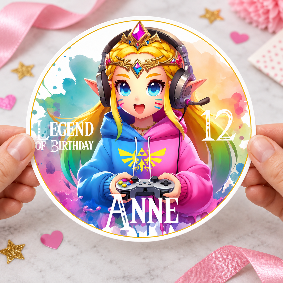MUCKKI-PRO:6152fa3cb8ab072c7fd1534e7588737980c74bdc9dbbf586003301bb1fe57e13:Tortenaufleger Geburtstag Gamer 5 Prinzessin Zelda Name & Zahl (20cm) Fondant Papier