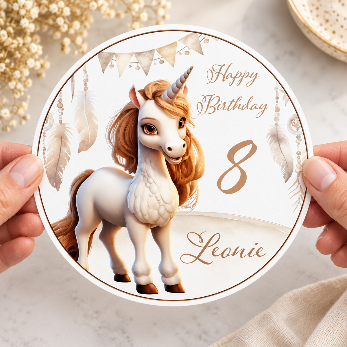 MUCKKI-PRO:6c74304e43c1bdd7cf81f036b9eb6ea0f2bbbe4d4028987b9c1cae7d0ad0a324:Tortenaufleger Geburtstag Einhorn 3 Name & Zahl (20cm) Fondant Papier