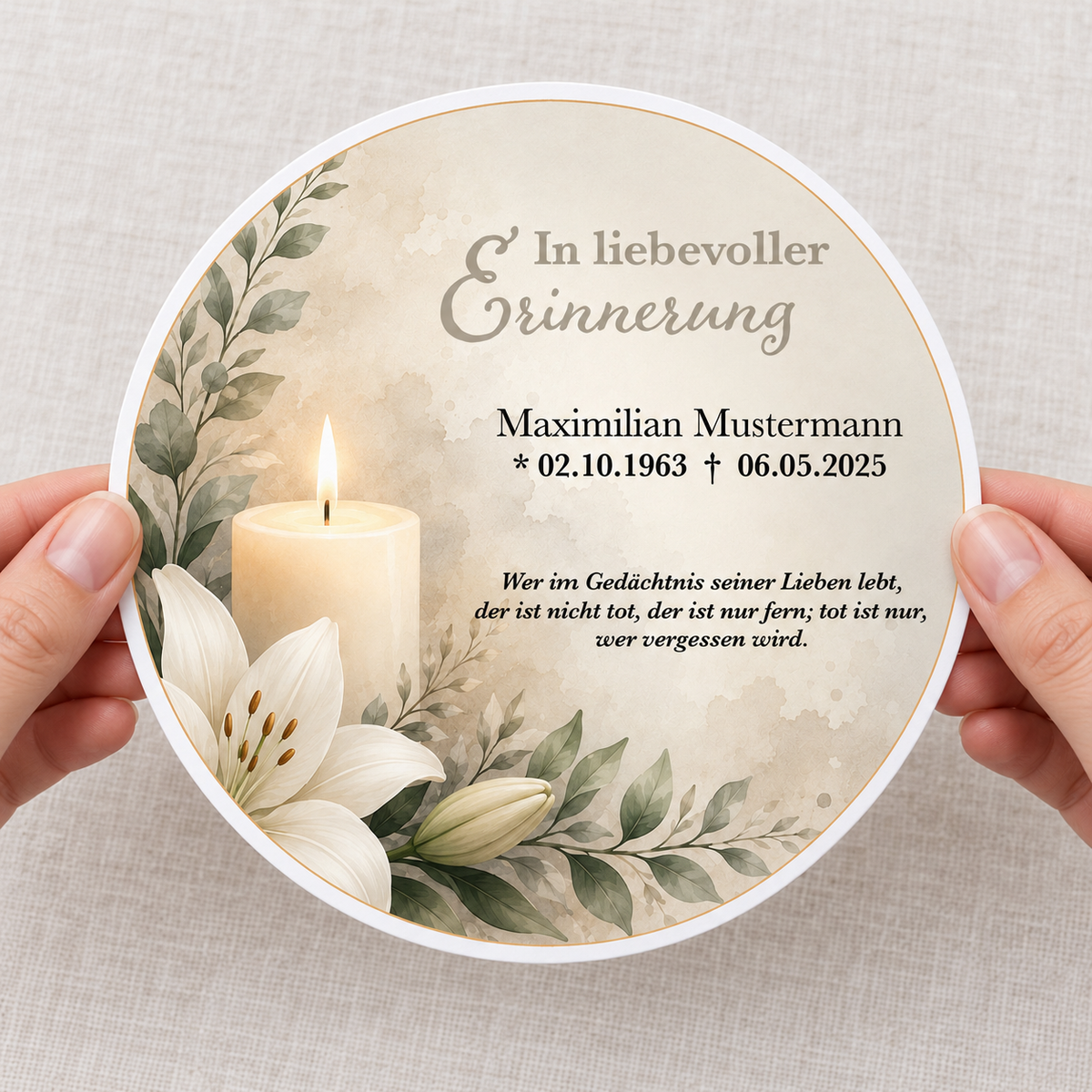 Tortenaufleger Beerdigung & Trauerfeier Kerze 01 – personalisiert mit Name & Datum – versch. Formen