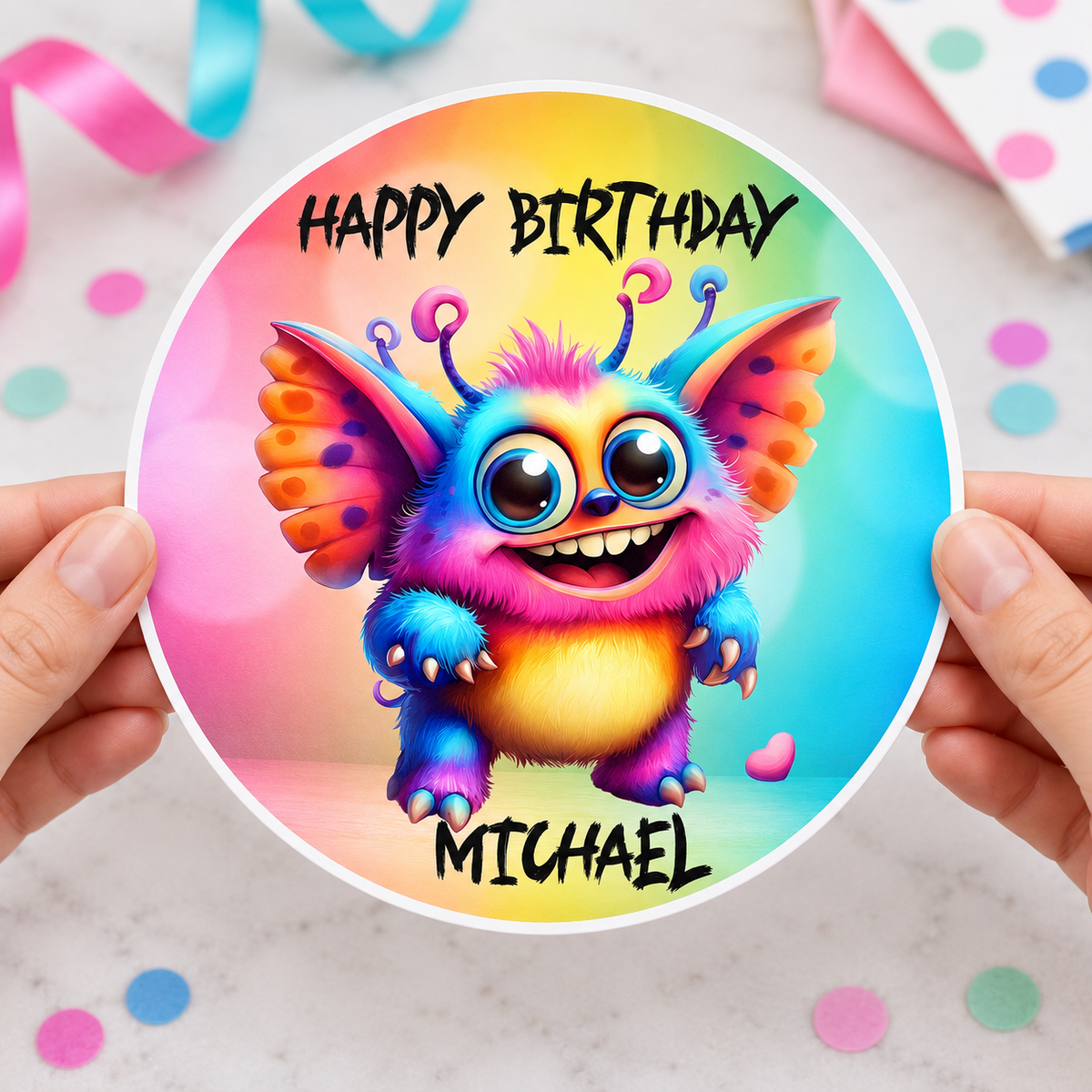 MUCKKI-PRO:f4dacc931f0e4c884dbbfeebf3d93c19895adcadea3df99f01f5f406c761dce5:Tortenaufleger Geburtstag Kleines-Monster 2 Name & Zahl (20cm) Fondant Papier