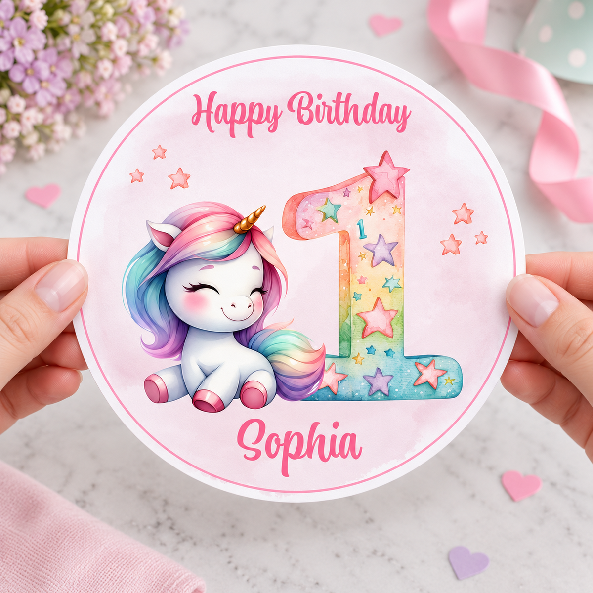 MUCKKI-PRO:2697bf4cd65a02ae0bc98ac8cbacbe04844145c82e2e665e274d4b014ae9170d:Tortenaufleger Geburtstag Einhorn 5 Name & Zahl (20cm) Fondant Papier