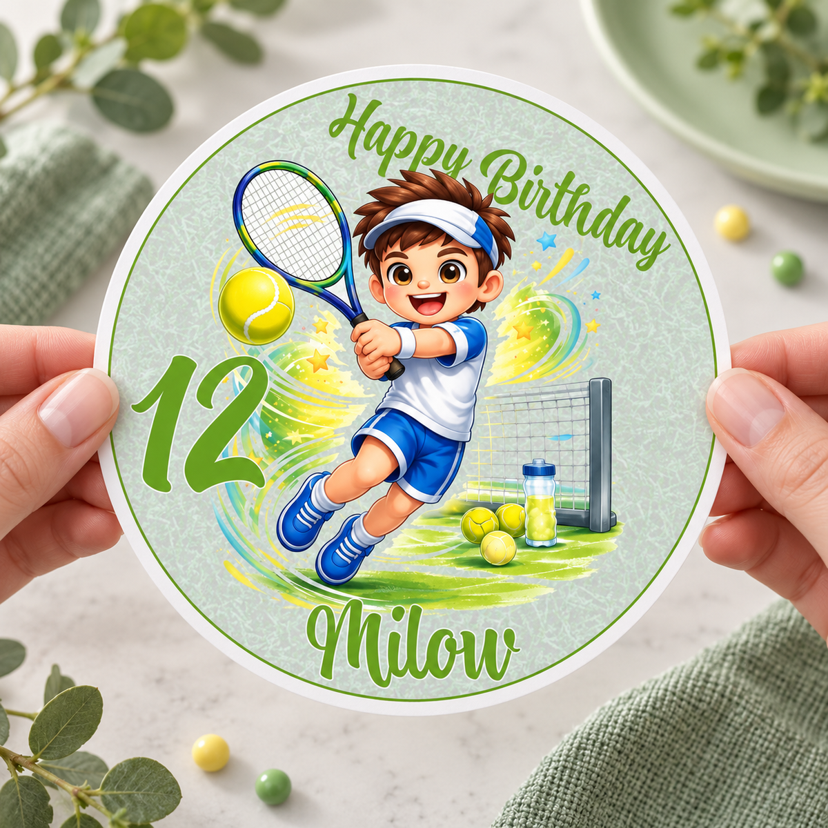 MUCKKI-PRO:8c3548f846d3a7b284a74877240bbc7f57148803b2f249d5effae55db5988ebc:Tortenaufleger Geburtstag Tennis 1 Name & Zahl (20cm) Fondant Papier