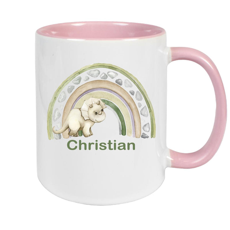 Tasse Wunschname Regenbogen-Dino Keramik Kinderbecher versch. Farben