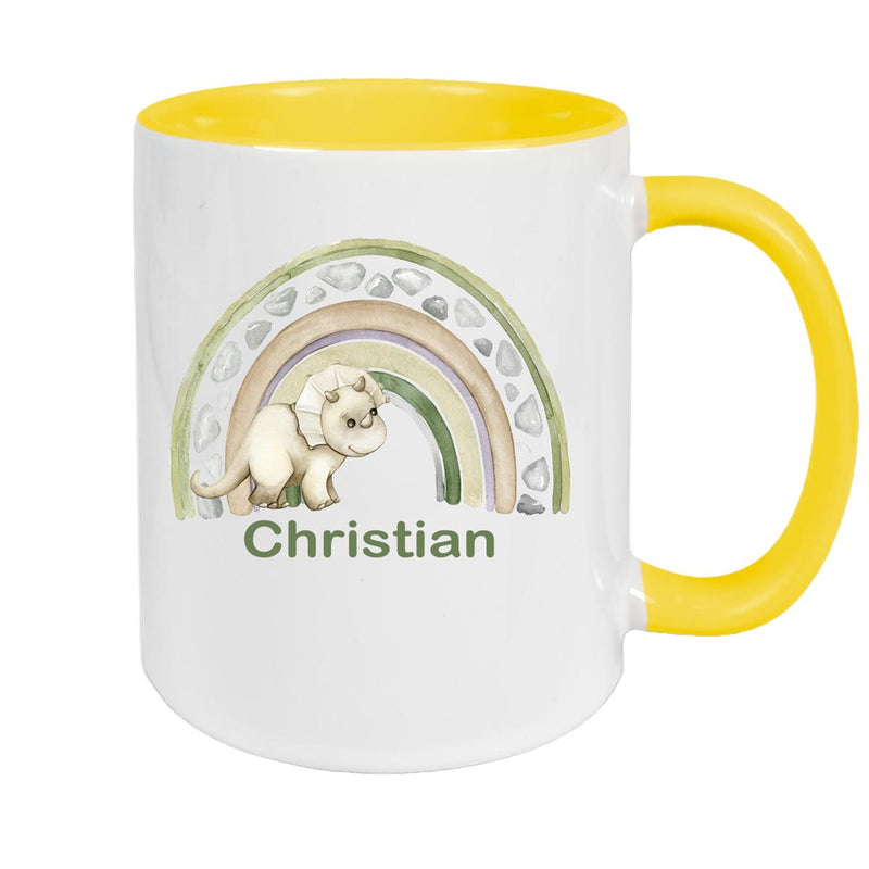 Tasse Wunschname Regenbogen-Dino Keramik Kinderbecher versch. Farben