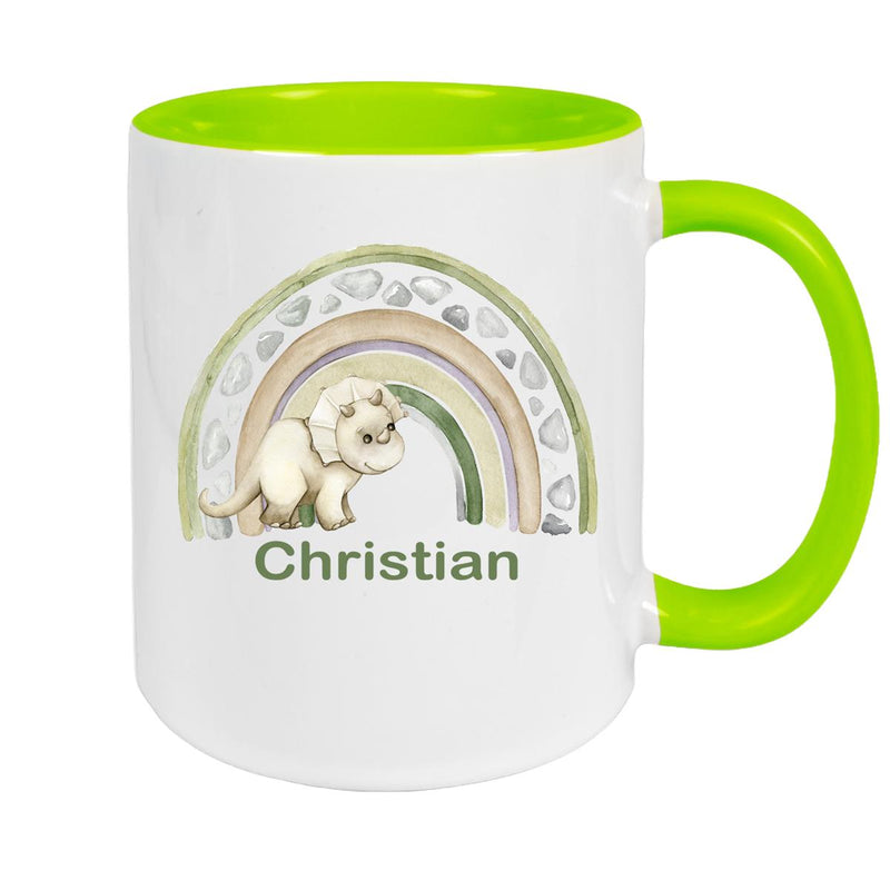 Tasse Wunschname Regenbogen-Dino Keramik Kinderbecher versch. Farben