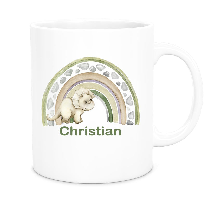 Tasse Wunschname Regenbogen-Dino Keramik Kinderbecher versch. Farben