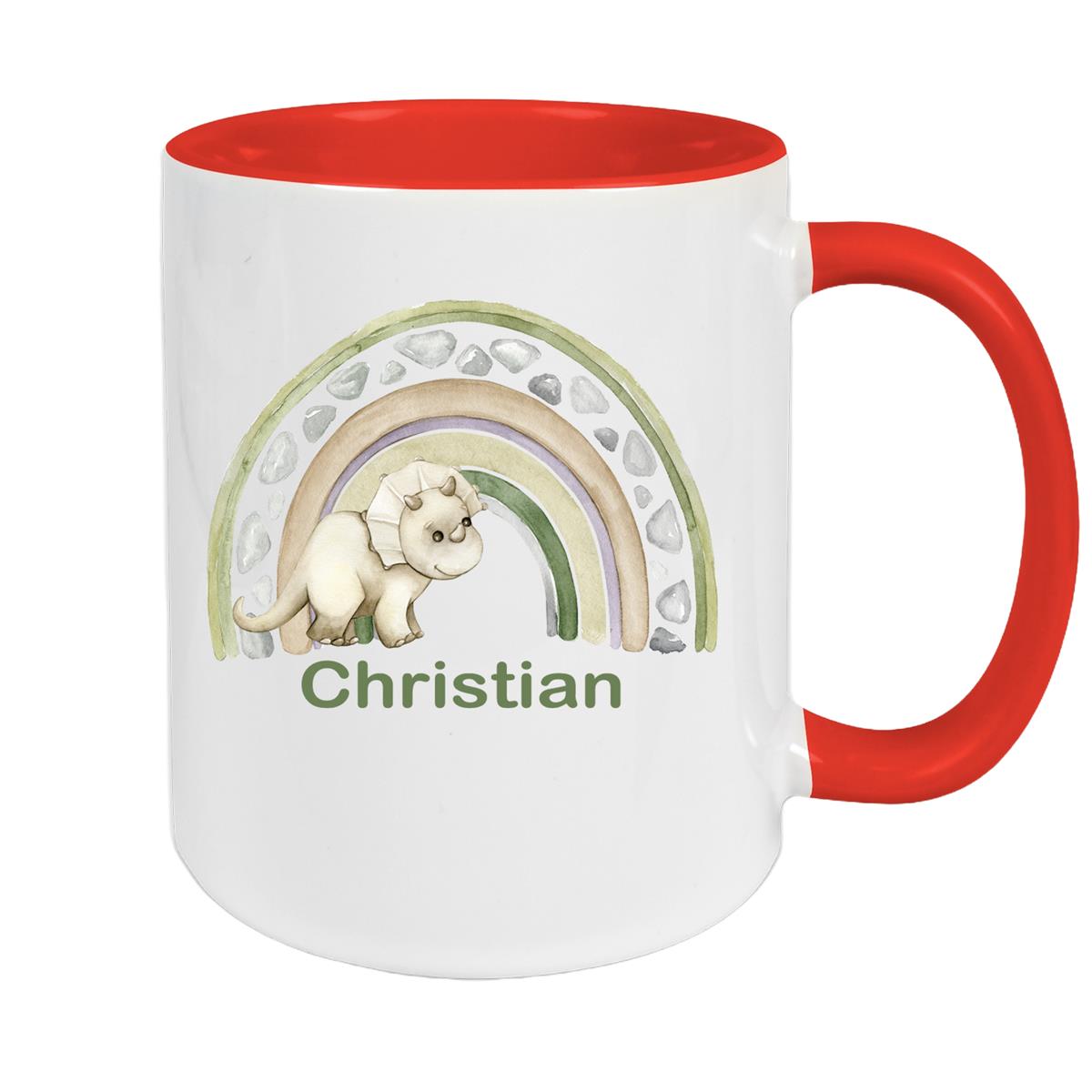 Tasse Wunschname Regenbogen-Dino Keramik Kinderbecher versch. Farben