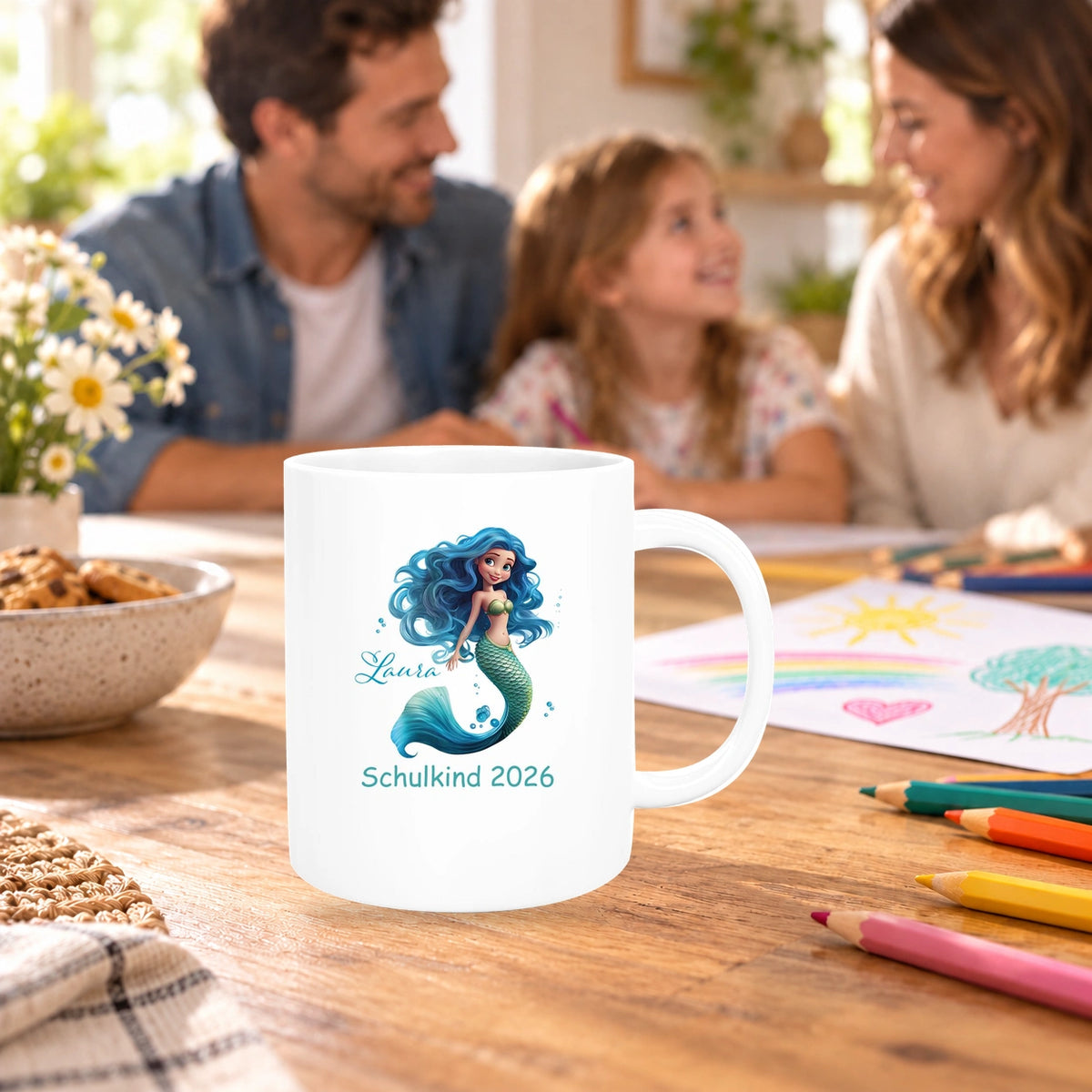 MUCKKI-PRO:b60b913e834b676a9a8a1fa595ea39e5f4bd6954b72e2856fc225a10b22eb95b:Tasse Schulkind 10 Wunschname Meerjungfrau 1 Keramik Kinderbecher Personalisiert versch. Farben