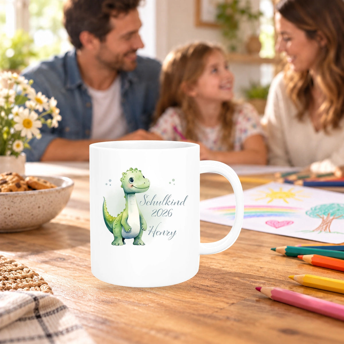 Tasse Schulkind 4 Wunschname Dino1 Keramik Kinderbecher Personalisiert versch. Farben