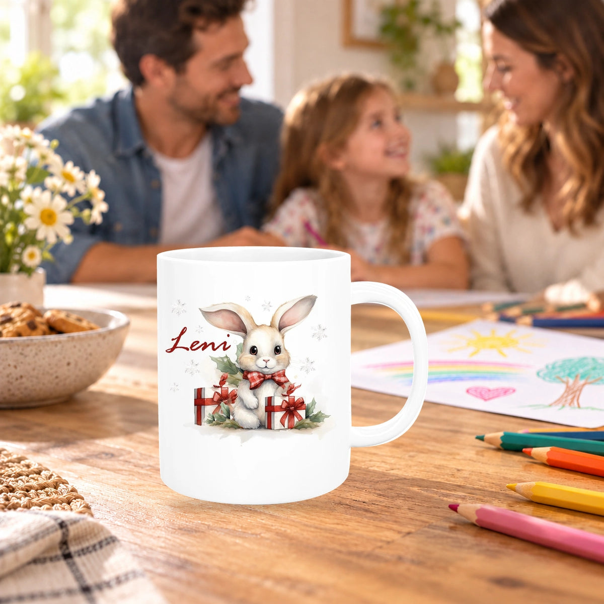 MUCKKI-PRO:225c1de774216d9ac03bcc88e7820bc78d928546d6882f118806b82aadd0414e:Tasse Wunschname Weihnachten Hase Sterne Keramik Kinderbecher versch. Farben