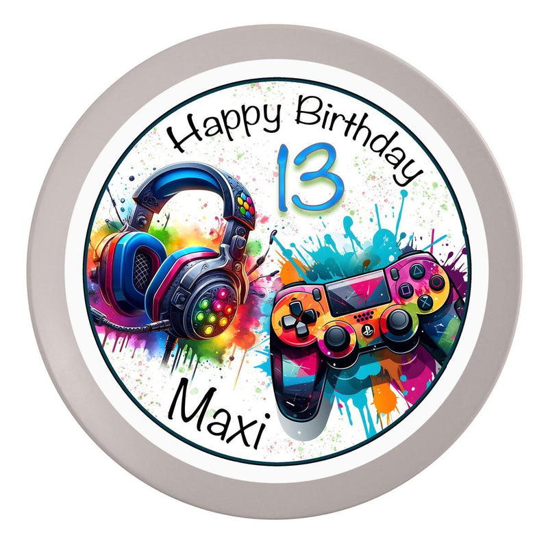 Cake Topper Birthday Gamer Controller, Headset Personalized with 3 Name & Number (20cm) Fondant Paper
