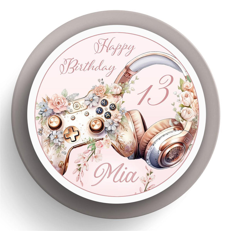 Cake Topper Birthday Gamer Controller, Headset Personalized 4 Name & Number (20cm) Fondant Paper