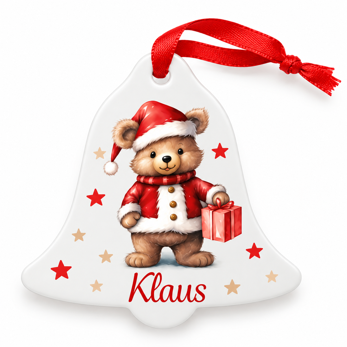 Weihnachtsanhänger personalisiert Teddy Sterne mit 1 Namen – Rund, Stern, Herz oder Glocke
