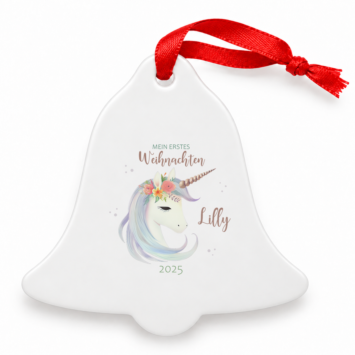 MUCKKI-PRO:053d7d65a6cb02abc956d2c3254201bd2ddc218f19333f9174b73656fef5dc8c:Weihnachtsanhänger personalisiert Einhorn 1 – mein erstes Weihnachten mit Wunschnamen – Rund, Stern, Herz oder Glocke