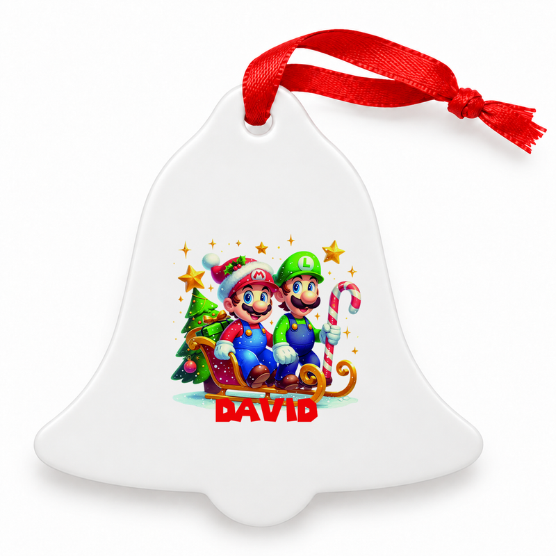 Weihnachtsanhänger personalisiert Super Mario mit Wunschnamen – Rund, Stern, Herz oder Glocke