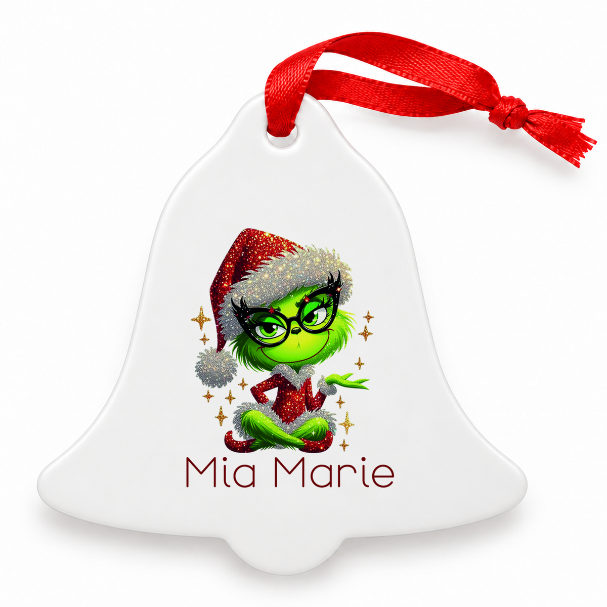 Weihnachtsanhänger personalisiert Lady-Grinch 4 mit Wunschnamen – Rund, Stern, Herz oder Glocke