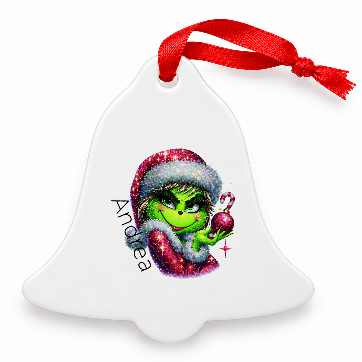 Weihnachtsanhänger personalisiert Lady-Grinch 3 mit Wunschnamen – Rund, Stern, Herz oder Glocke