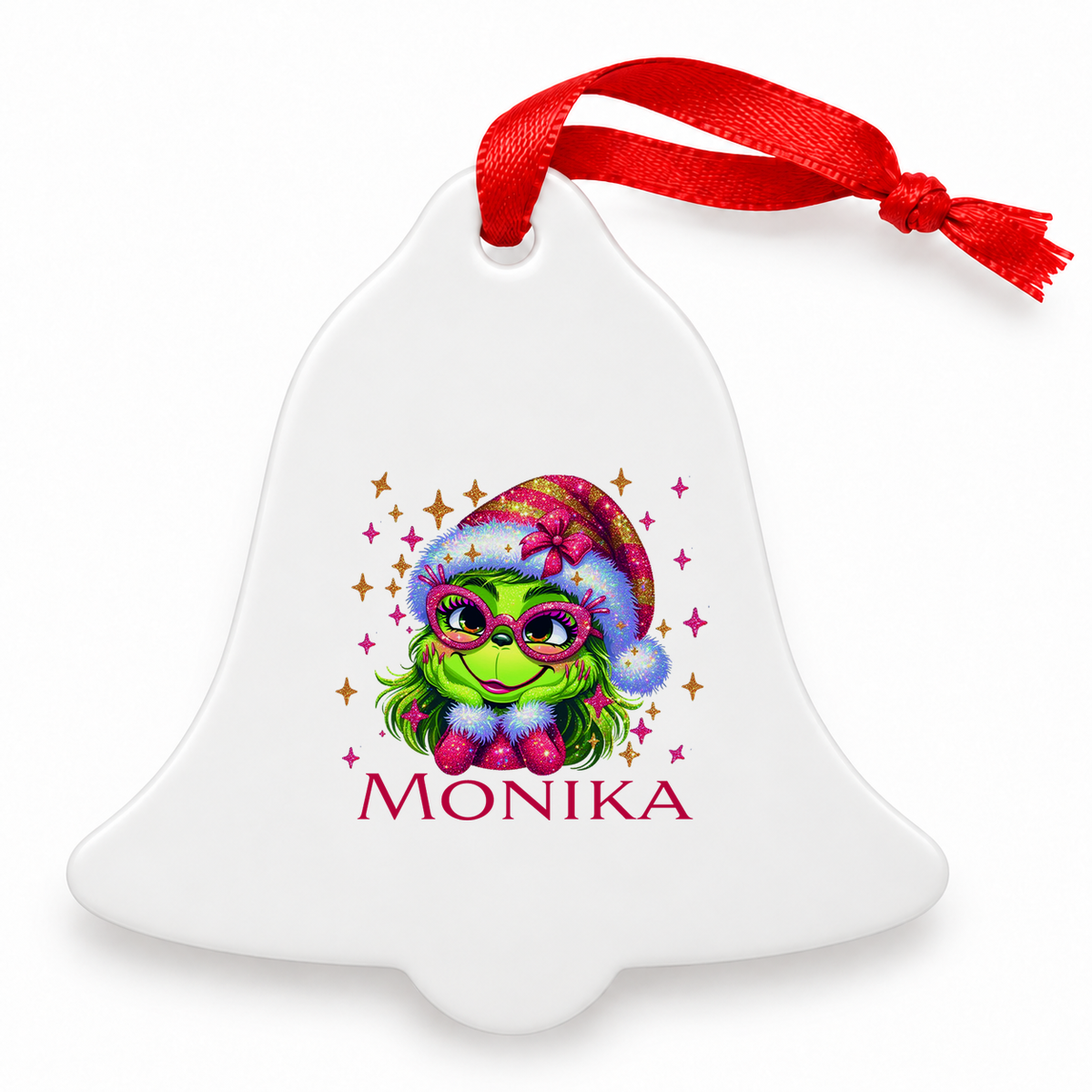 Weihnachtsanhänger personalisiert Lady-Grinch 1 mit Wunschnamen – Rund, Stern, Herz oder Glocke